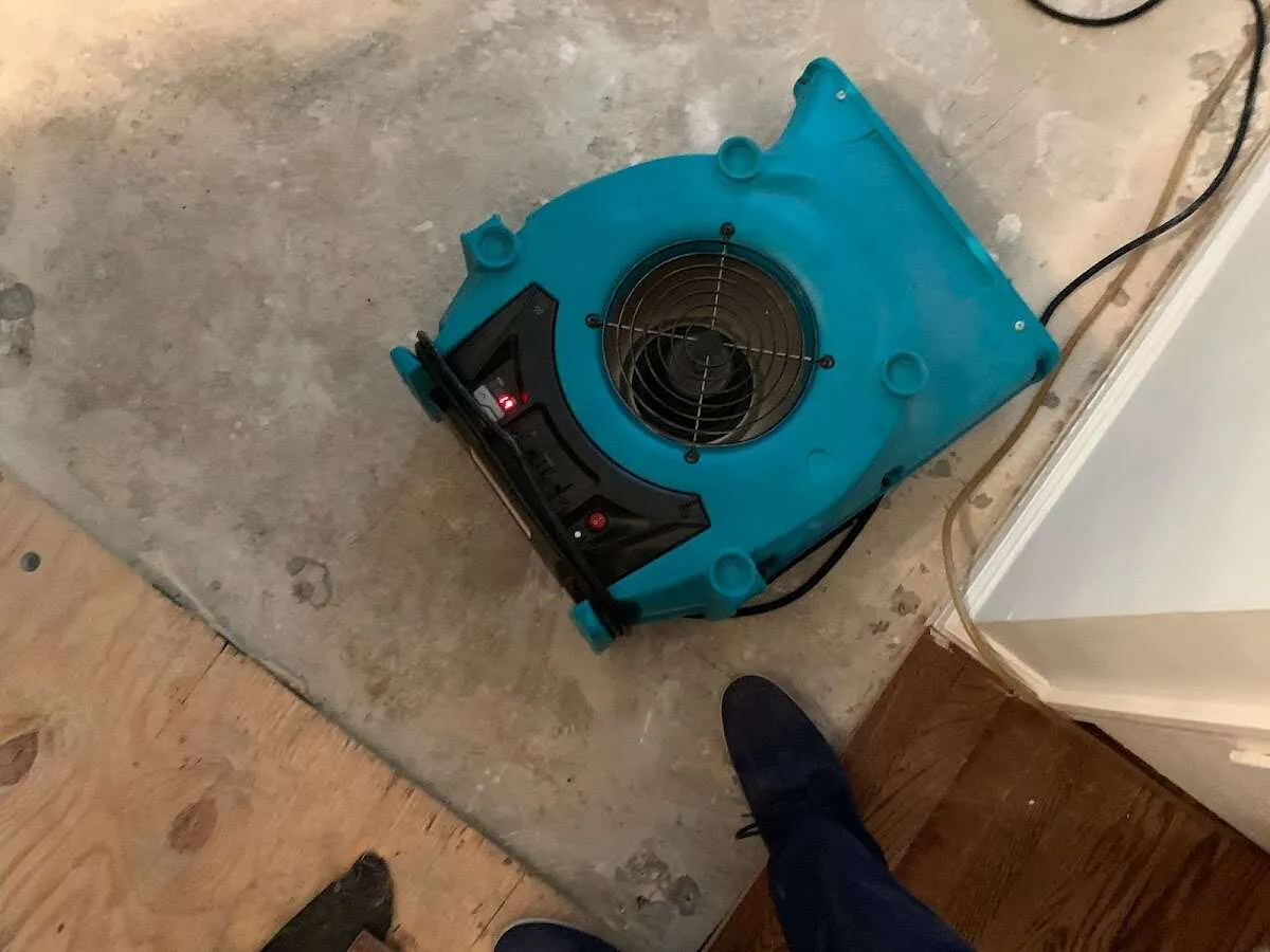 Air mover drying subfloor during Leak Detection & Repair in South San Jose Hills